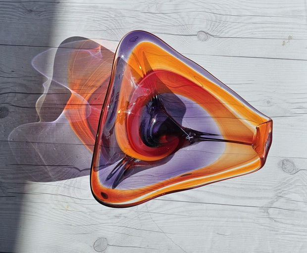 Hineri Iwatsu Glass Iwatsu Hineri Glassworks, Sculpted Scarlet, Tangelo and Violet Stripe Tricorn Dish 1960s-70s