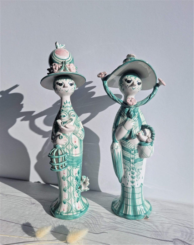 Bjorn Wiinblad Ceramic Duo of 1984 Bjorn Wiinblad, 4 Seasons: Spring and Autumn Figures in Green and Pink | Danish, Rare