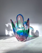 Tajima Glassworks Glass Tajima Glass, Watermelon Tourmaline Palette, Sculpted Handkerchief Sakura Vase, 1960s-70s, Japanese