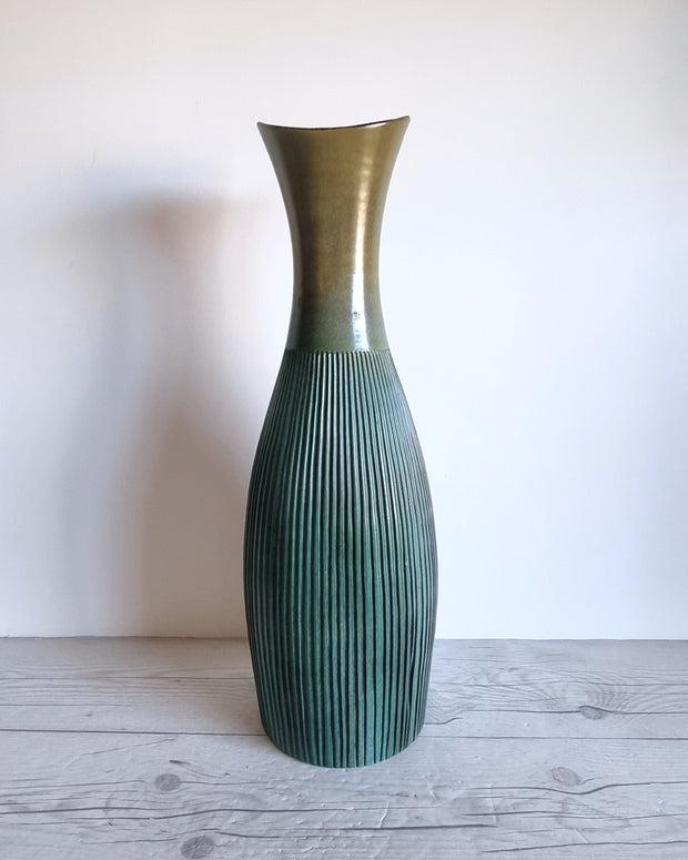 Upsala Ekeby Ceramic Hjordis Oldfors for Upsala Ekeby, 1958 Palma Series, Textured Gold and Teal Floor Vase, Sweden