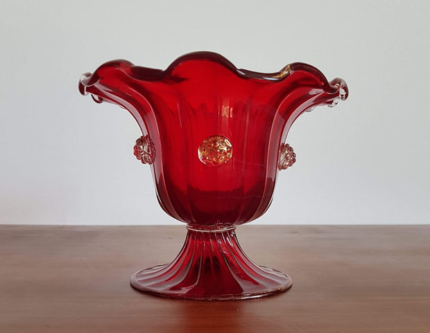 Murano Glass 1930s - 50s Italian Murano Barovier & Toso Ruby Red and Gold Avventurine Blackberries Footed Dish