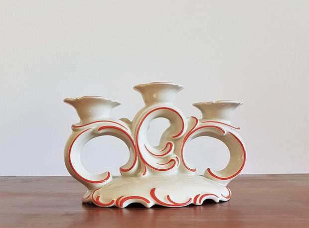 Moschendorf Lighting 1930s Bavarian Moschendorf Art Deco Dove White and Red Porcelain Candelabra / Candleholder