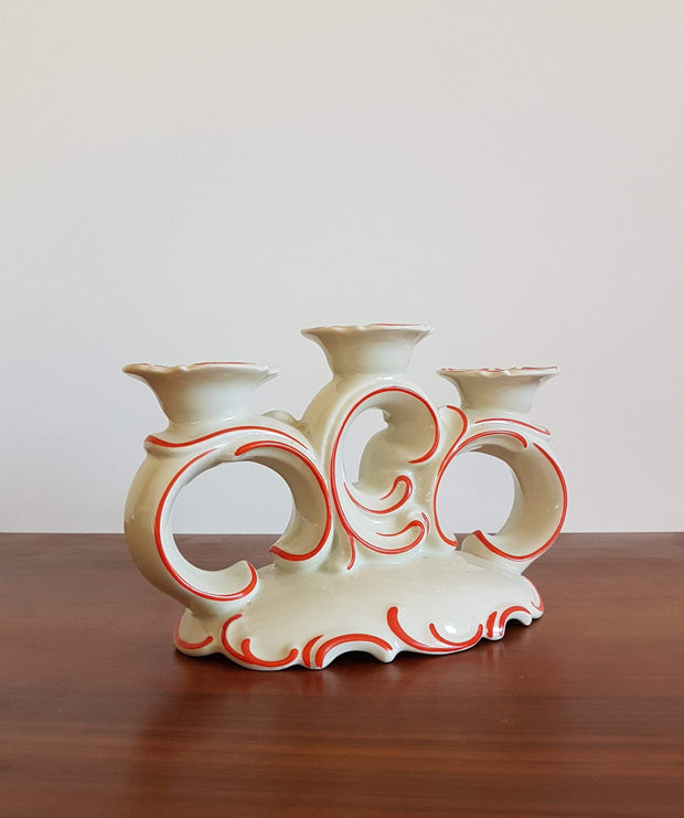 Moschendorf Lighting 1930s Bavarian Moschendorf Art Deco Dove White and Red Porcelain Candelabra / Candleholder