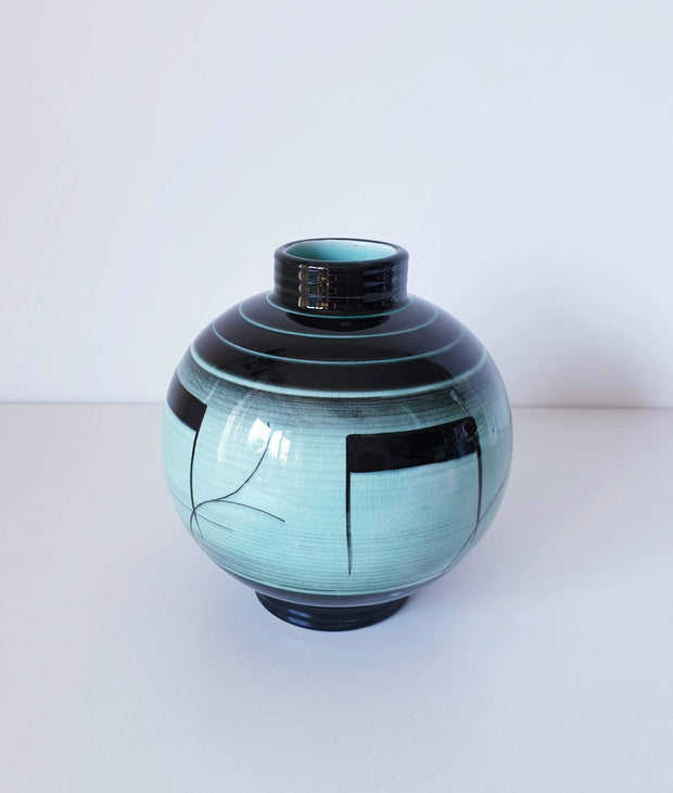 Rorstrand Ceramic 1930s Swedish Rorstrand by Ilse Claesson, Art Deco 'V series' Mint Green and Black Ceramic Vase