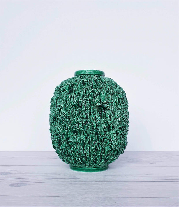 AnyesAttic Ceramic 1943 - 50 Swedish Rorstrand, Gunnar Nylund 'Hedgehog' Emerald Green Chamotte Sculpted Stoneware Vase