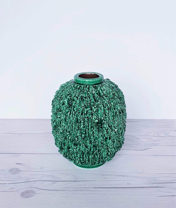 AnyesAttic Ceramic 1943 - 50 Swedish Rorstrand, Gunnar Nylund 'Hedgehog' Emerald Green Chamotte Sculpted Stoneware Vase