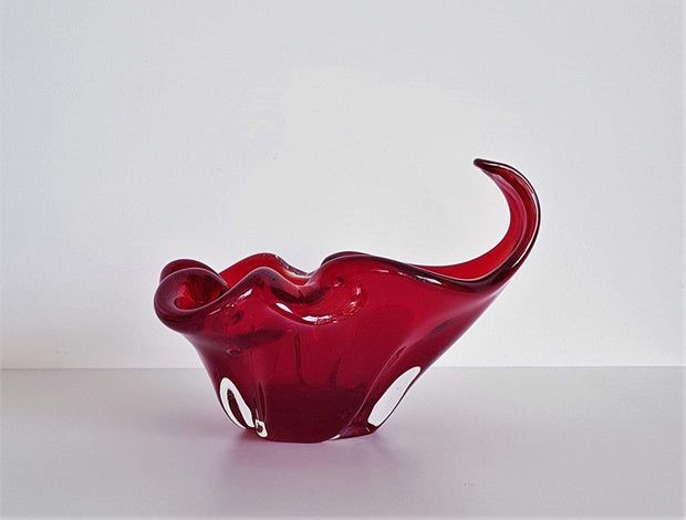 Murano Glass 1950s - 60s Italian Murano Red and Amber Sculpted Art Glass Dish - att. Fratelli Toso