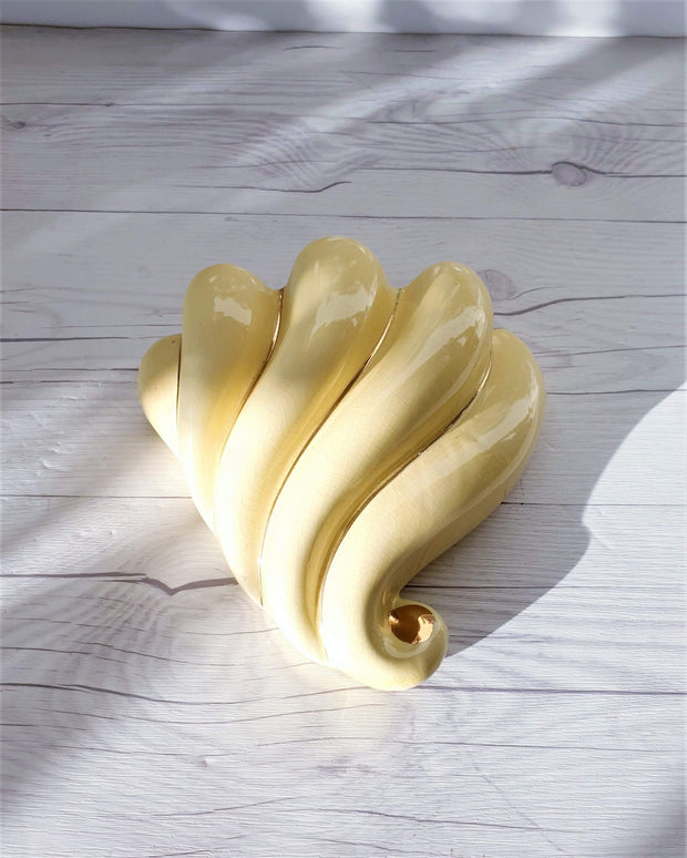 AnyesAttic Ceramic 1950s - 60s Mid Century Sadler att. Gloss Pale Lemon and 22 ct. Gold Decor, Shell Wall Pocket Vase