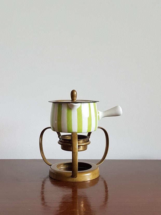 Langethal Ceramic 1950s - 60s Swiss Langenthal Resista White and Green Stripe Porcelain and Brass Stand Butter Warmer