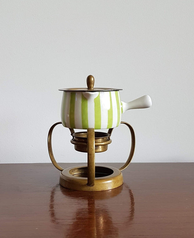 Langethal Ceramic 1950s - 60s Swiss Langenthal Resista White and Green Stripe Porcelain and Brass Stand Butter Warmer