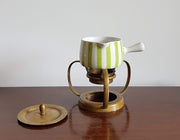 Langethal Ceramic 1950s - 60s Swiss Langenthal Resista White and Green Stripe Porcelain and Brass Stand Butter Warmer