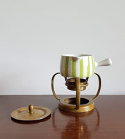 Langethal Ceramic 1950s - 60s Swiss Langenthal Resista White and Green Stripe Porcelain and Brass Stand Butter Warmer