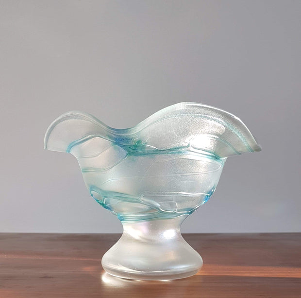 Poschinger Glass 1950s Bavarian Poschinger Art Nouveau Opal Iridescent, Blue and Green Threaded Footed Glass Bowl