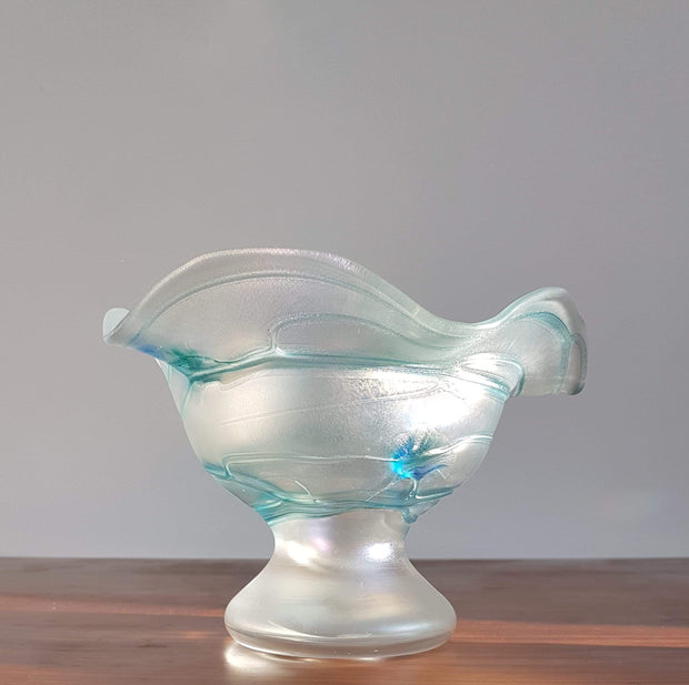 Poschinger Glass 1950s Bavarian Poschinger Art Nouveau Opal Iridescent, Blue and Green Threaded Footed Glass Bowl