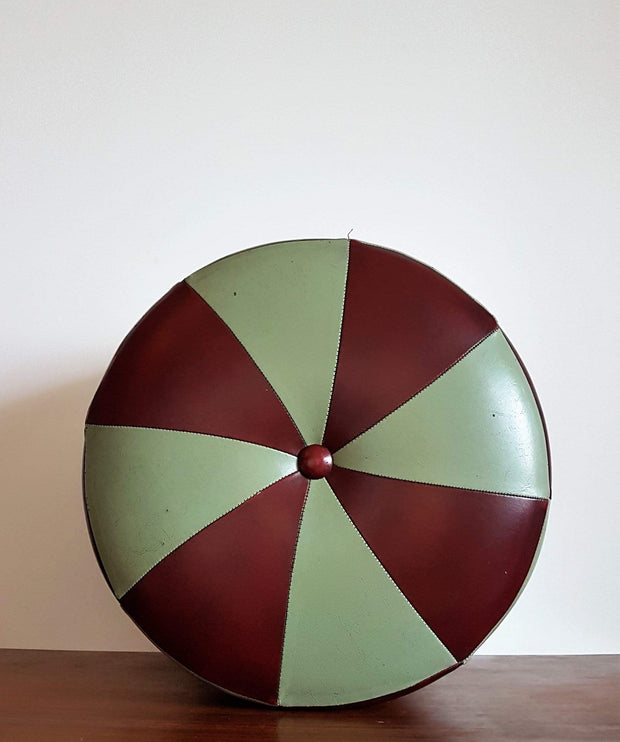 European Fabric 1950s Dutch Mid Century Modern, Pistachio Green and Claret Red Leather 'Campino Candy' Design Pouf