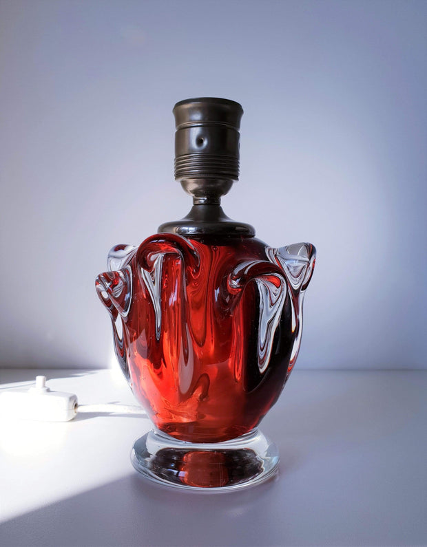 Murano Glass 1950s Italian Murano Ruby Red Sommerso, Bullicante and Pulled Art Glass Lamp Base