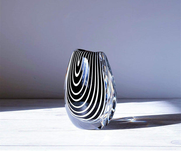 AnyesAttic Glass 1950s Vicke Lindstrand 'Zebra' series for Kosta, Modernist Black and White Stripe Vase | Rare