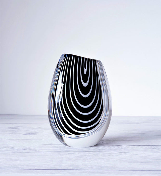 AnyesAttic Glass 1950s Vicke Lindstrand 'Zebra' series for Kosta, Modernist Black and White Stripe Vase | Rare