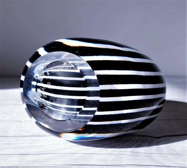 AnyesAttic Glass 1950s Vicke Lindstrand 'Zebra' series for Kosta, Modernist Black and White Stripe Vase | Rare