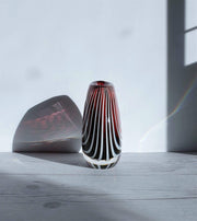 AnyesAttic Glass 1950s Vicke Lindstrand 'Zebra' series for Kosta, Modernist Red and White Stripe, Cased Glass Vase