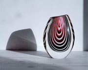 AnyesAttic Glass 1950s Vicke Lindstrand 'Zebra' series for Kosta, Modernist Red and White Stripe, Cased Glass Vase