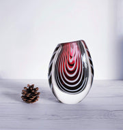 AnyesAttic Glass 1950s Vicke Lindstrand 'Zebra' series for Kosta, Modernist Red and White Stripe, Cased Glass Vase