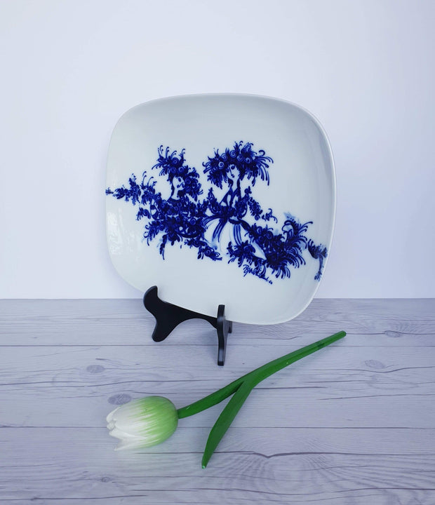 AnyesAttic Porcelain 1960 Bjorn Wiinblad for Rosenthal Studio Line, Blue on White Porcelain Serving Dish | Danish Modern