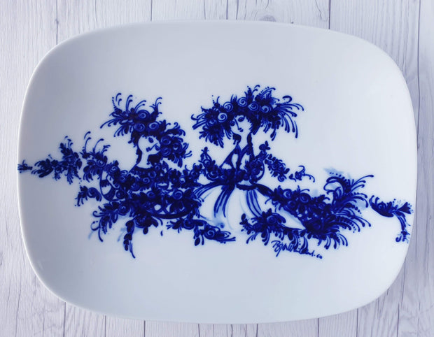 AnyesAttic Porcelain 1960 Bjorn Wiinblad for Rosenthal Studio Line, Blue on White Porcelain Serving Dish | Danish Modern