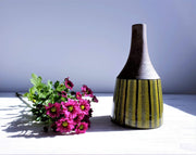 AnyesAttic Ceramic 1960s-70 Swedish Studio Pottery, Chocolate Lime Palette, Sgraffito Earthenware Bottle Vase