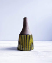 AnyesAttic Ceramic 1960s-70 Swedish Studio Pottery, Chocolate Lime Palette, Sgraffito Earthenware Bottle Vase