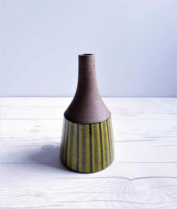 AnyesAttic Ceramic 1960s-70 Swedish Studio Pottery, Chocolate Lime Palette, Sgraffito Earthenware Bottle Vase