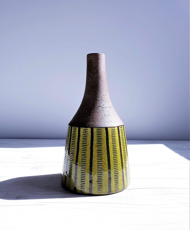 AnyesAttic Ceramic 1960s-70 Swedish Studio Pottery, Chocolate Lime Palette, Sgraffito Earthenware Bottle Vase