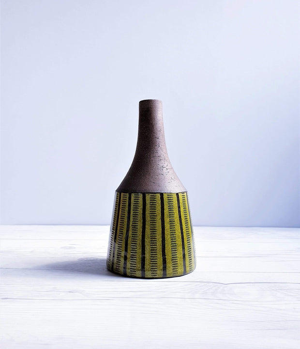 AnyesAttic Ceramic 1960s-70 Swedish Studio Pottery, Chocolate Lime Palette, Sgraffito Earthenware Bottle Vase