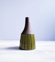 AnyesAttic Ceramic 1960s-70 Swedish Studio Pottery, Chocolate Lime Palette, Sgraffito Earthenware Bottle Vase