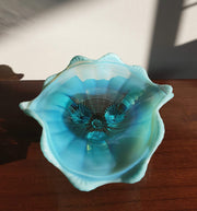 Northwood Glass 1960s American Northwood Klondike Carnival Glass Pale Blue Opalescent 3 Footed Glass Dish