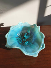 Northwood Glass 1960s American Northwood Klondike Carnival Glass Pale Blue Opalescent 3 Footed Glass Dish