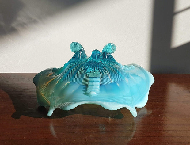 Northwood Glass 1960s American Northwood Klondike Carnival Glass Pale Blue Opalescent 3 Footed Glass Dish