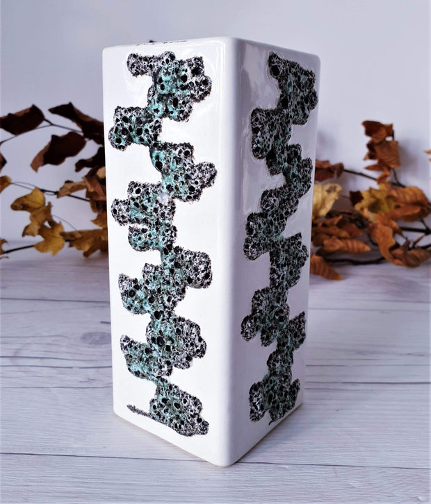 AnyesAttic Ceramic 1960s Fohr Keramik Modernist Pop Art | Green, White and Black Fat Lava on White Ceramic Block Vase