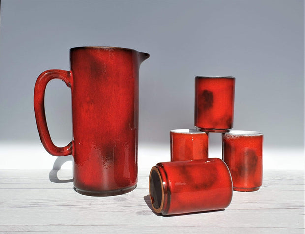 AnyesAttic Ceramic 1960s Fritz Van Daalen Rare Red Glaze Ceramic Pitcher Jug and 4 Tumbler Set, Labelled and Stamped