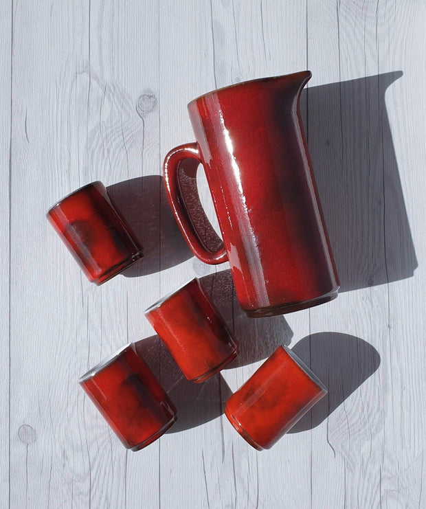 AnyesAttic Ceramic 1960s Fritz Van Daalen Rare Red Glaze Ceramic Pitcher Jug and 4 Tumbler Set, Labelled and Stamped