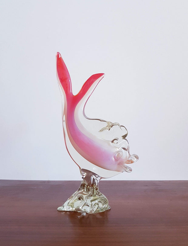 Murano Glass 1960s Italian Murano Opalino White, Pink and Sommerso Clear Cased Fish on Glass Rock Sculpture