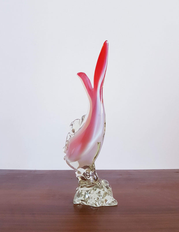 Murano Glass 1960s Italian Murano Opalino White, Pink and Sommerso Clear Cased Fish on Glass Rock Sculpture