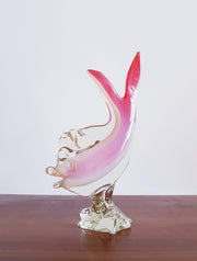 Murano Glass 1960s Italian Murano Opalino White, Pink and Sommerso Clear Cased Fish on Glass Rock Sculpture