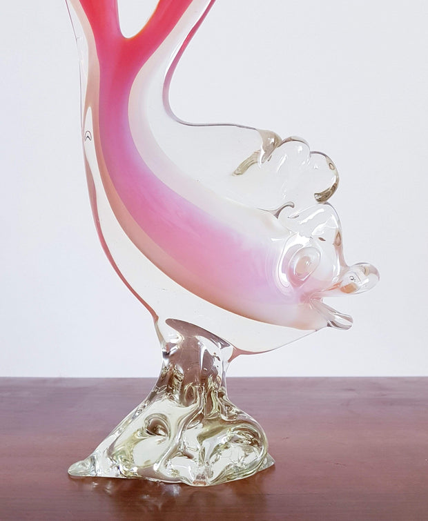 Murano Glass 1960s Italian Murano Opalino White, Pink and Sommerso Clear Cased Fish on Glass Rock Sculpture