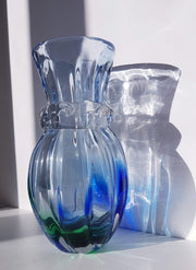 FTG Glass Glass 1960s Japanese Multiglass (FTG) Clear, Blue and Green Art Glass Baluster and Scroll Work Vase