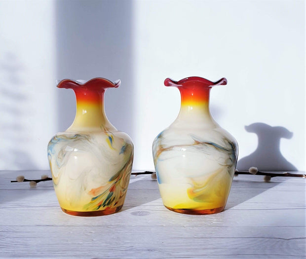 AnyesAttic Glass 1960s Pair of Snowflake Series by Dalian Glass, 'Murano' Pale Yellow and Red Art Glass Vases