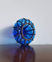 AnyesAttic Lighting 1960s Vintage Boho Handblown Caged Blue Bubble Glass Candle Holder / Lantern