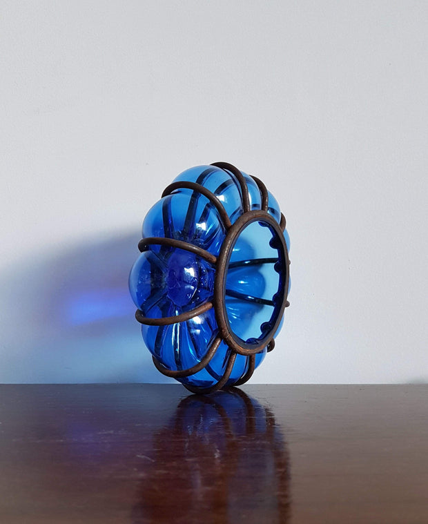 AnyesAttic Lighting 1960s Vintage Boho Handblown Caged Blue Bubble Glass Candle Holder / Lantern