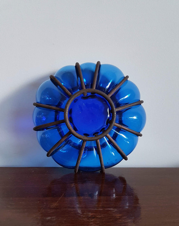 AnyesAttic Lighting 1960s Vintage Boho Handblown Caged Blue Bubble Glass Candle Holder / Lantern