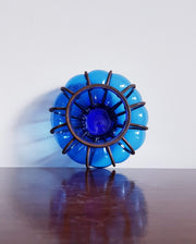 AnyesAttic Lighting 1960s Vintage Boho Handblown Caged Blue Bubble Glass Candle Holder / Lantern